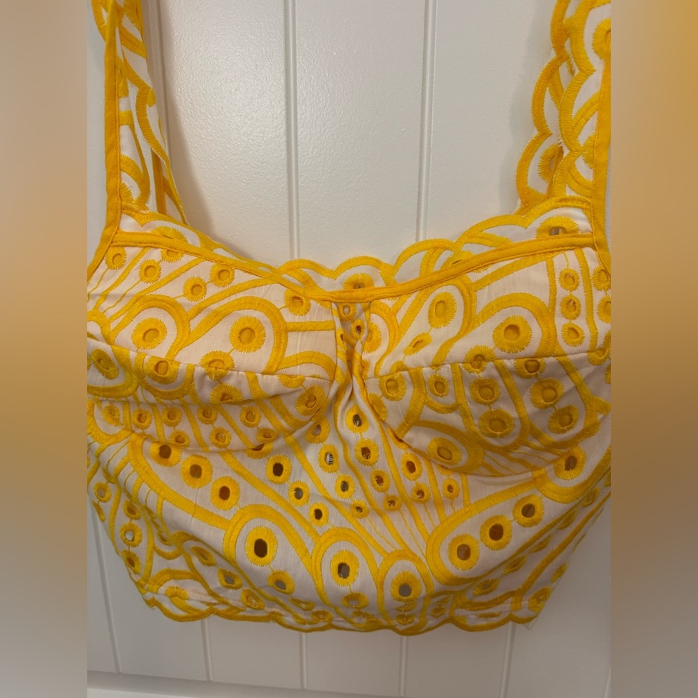 Main Strip Yellow and White Patterned Crop Top and skirt medium. NWT - Picture 6 of 9